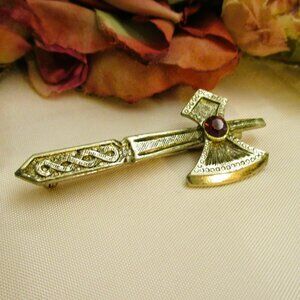 VINTAGE Celtic Axe Brooch ~ Silver Tone, Magenta Rhinestone, Scottish Jewelry